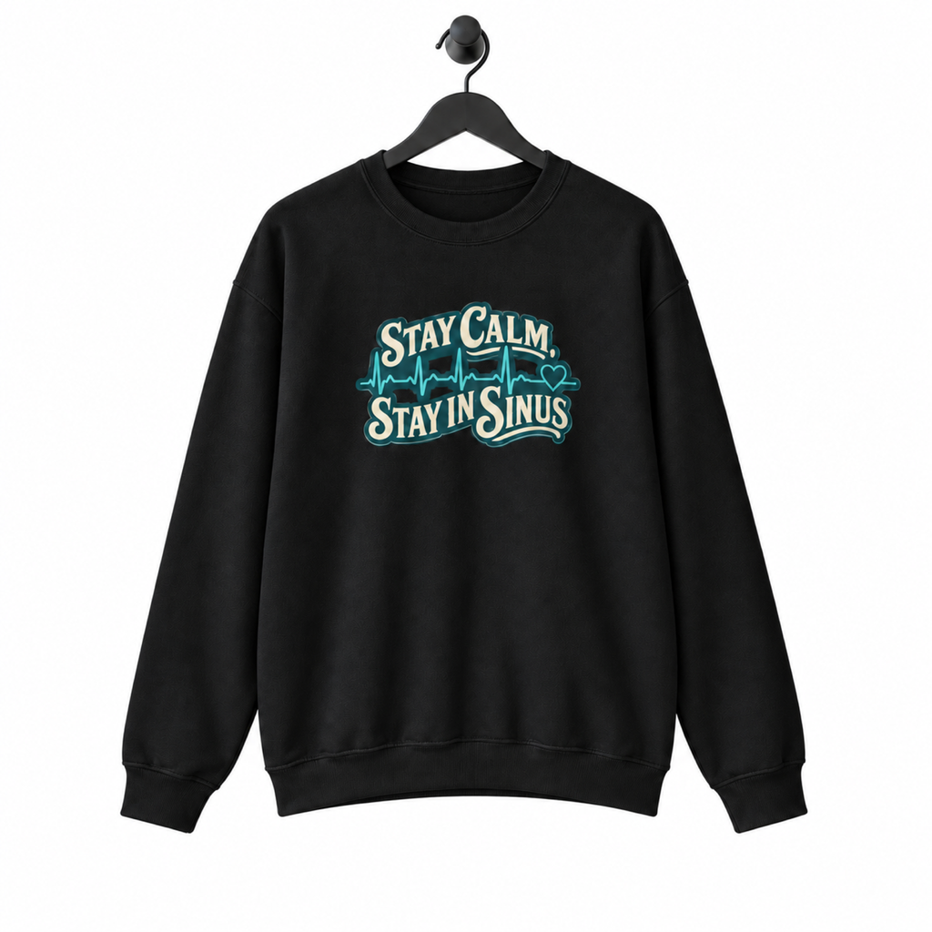 Stay Calm Stay in Sinus Sweatshirt on a hanger against a white background