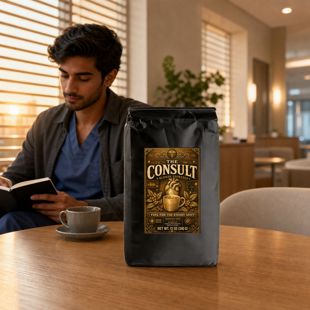 The Consult Blonde Espresso coffee in a morning clinician lounge