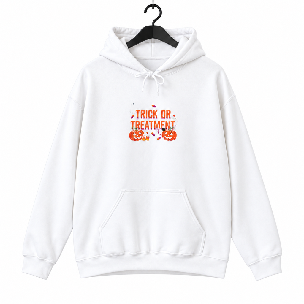 Trick or Treatment Hoodie on a hanger against a pure white background