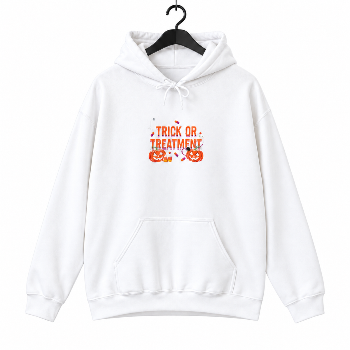Trick or Treatment Hoodie on a hanger against a pure white background