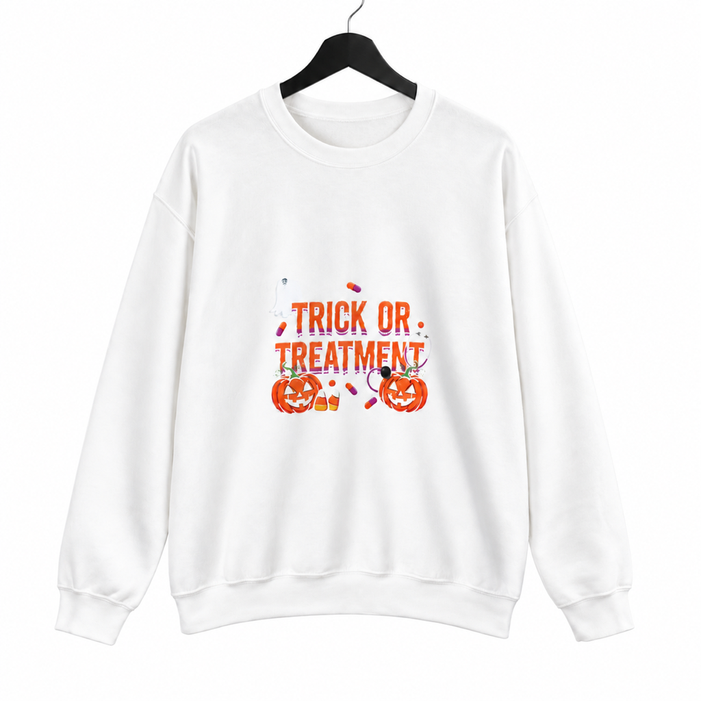 Trick or Treatment Sweatshirt on a hanger against a pure white background