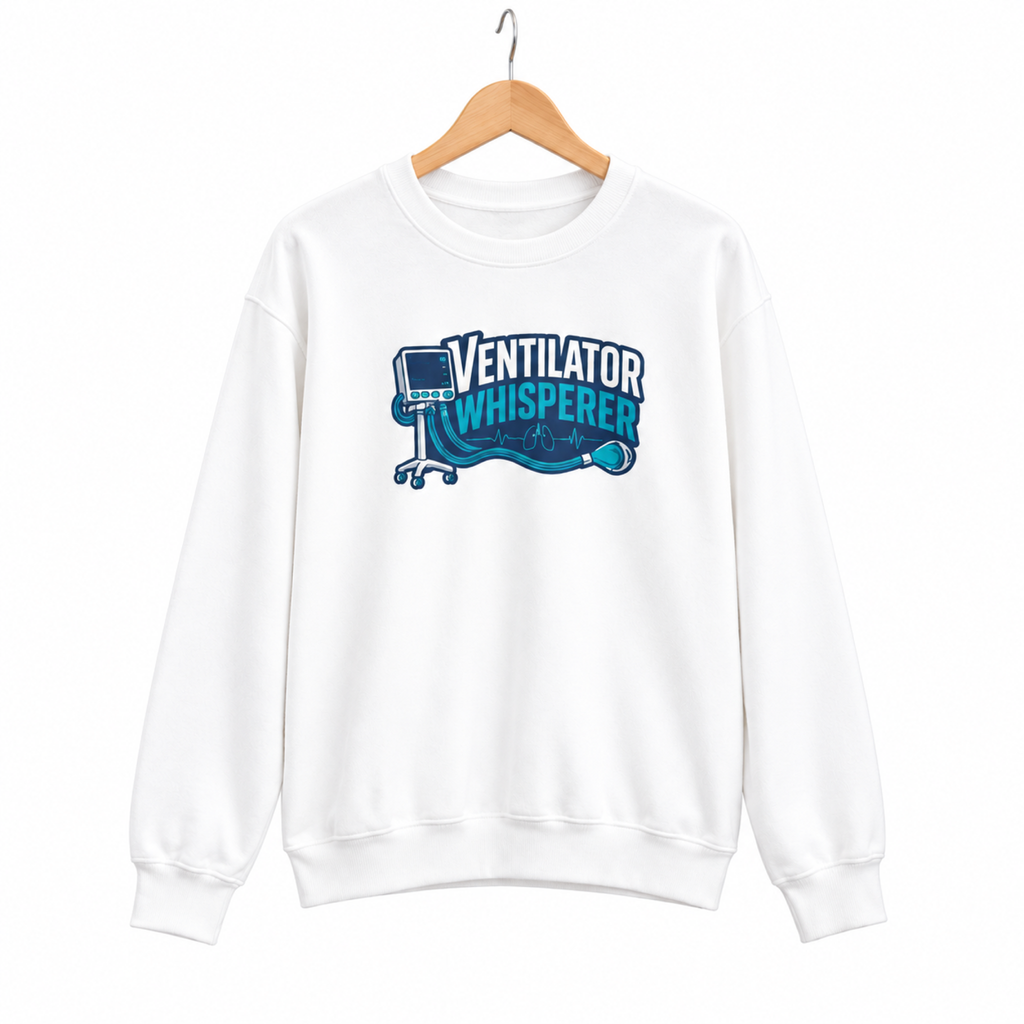 Ventilator Whisperer Sweatshirt on a hanger against a white background
