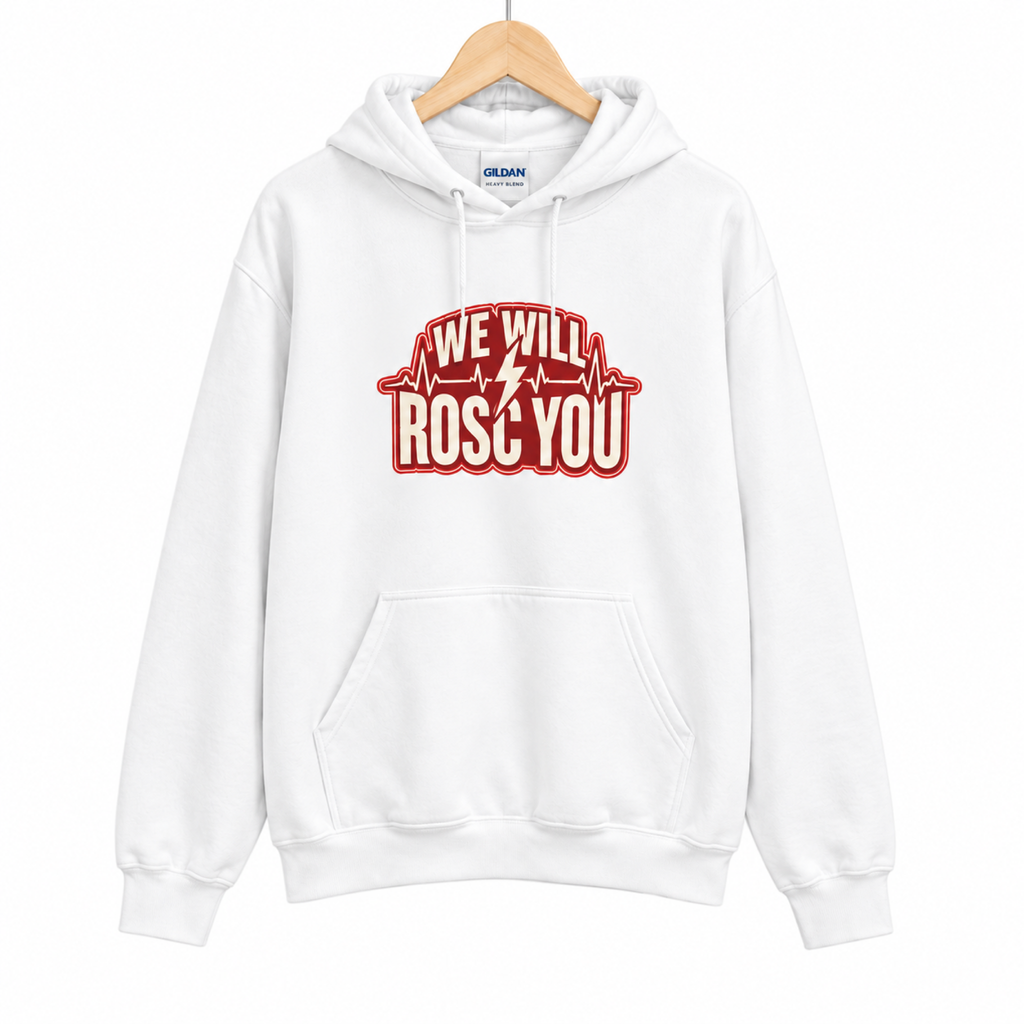 We Will ROSC You Hoodie on a hanger against a pure white background