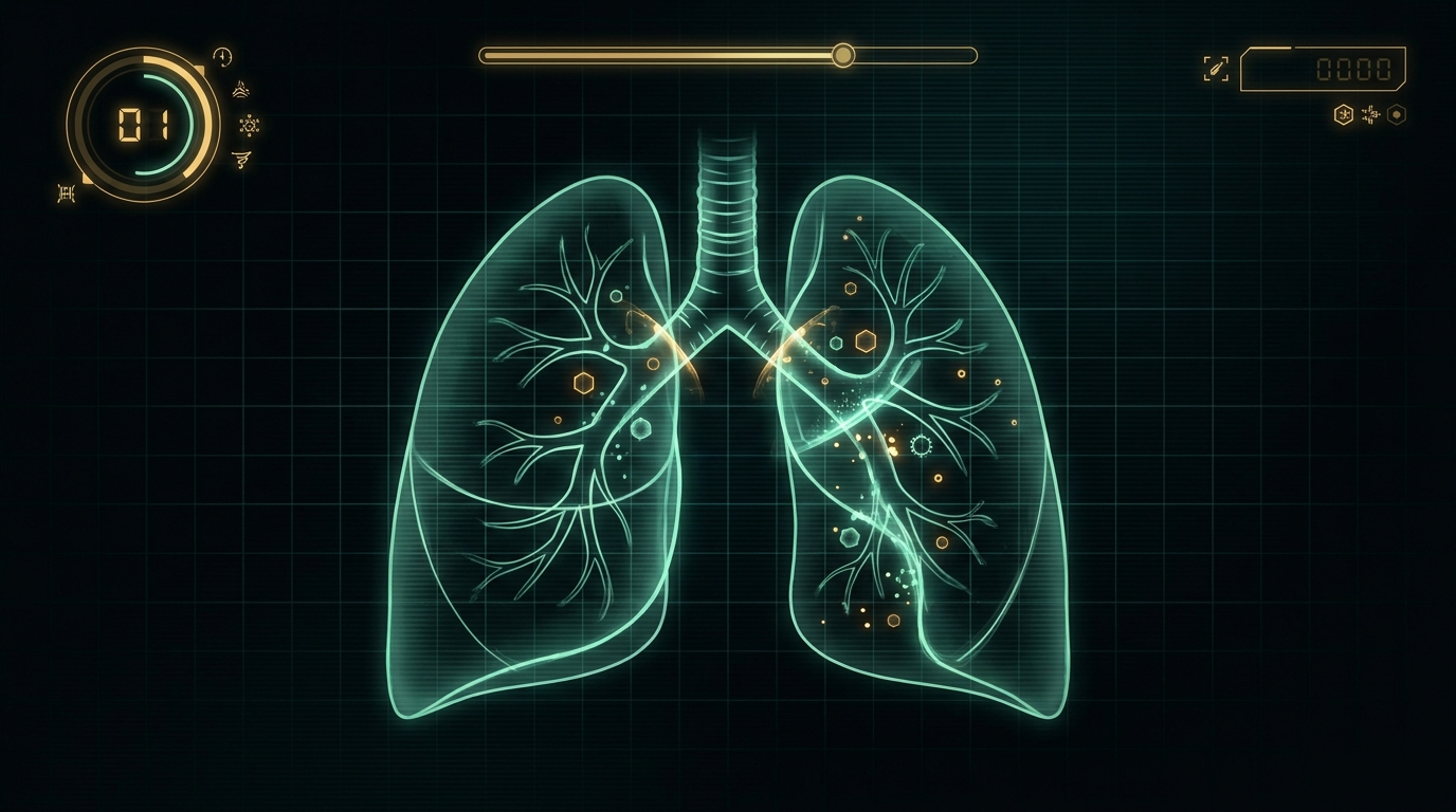 Airway Defense gameplay: glowing lower respiratory tract with a gold heads-up display